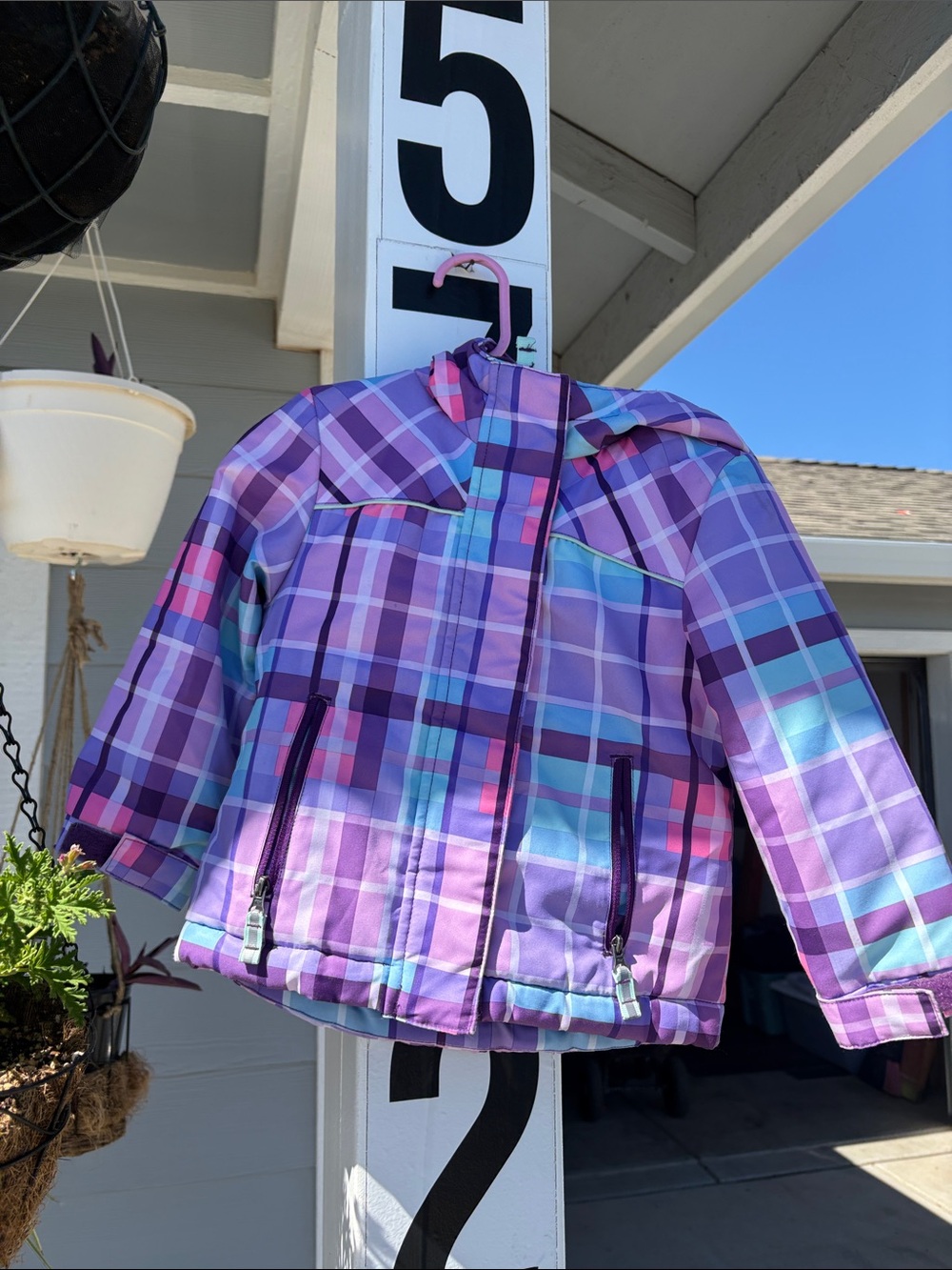 Cherokee Girls' Purple Plaid Puffer Jacket with Teal & Pink Accents